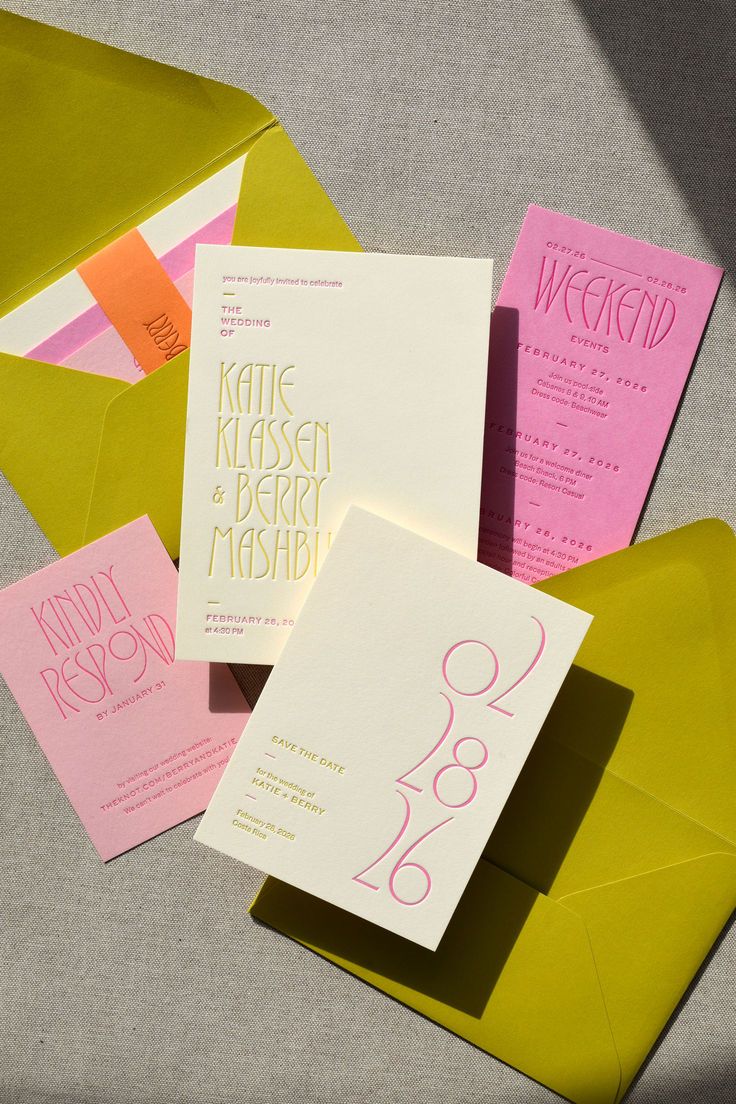 playful modern wedding invitations pink & chartreuse design